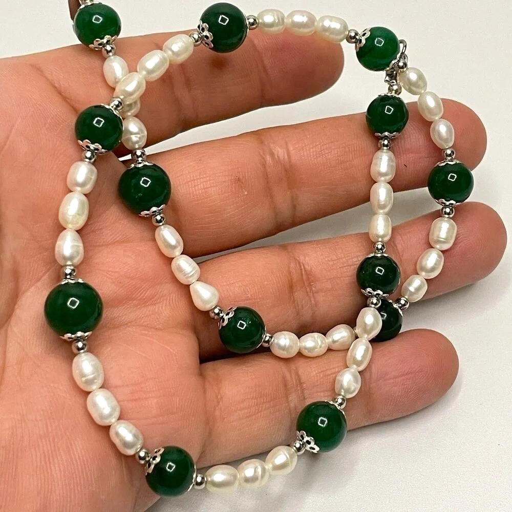 Artisan Handcrafted Emerald Green Gemstone Freshwater Pearl Beaded Necklace